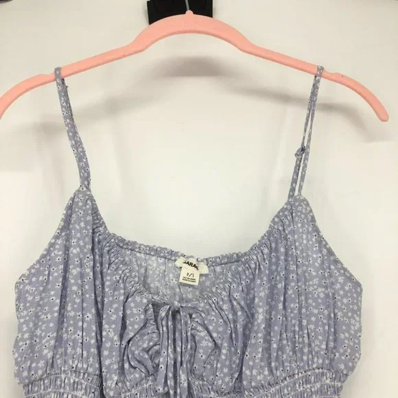 Garage periwinkle blue white floral shirred tie front crop tank top SP - Picture 4 of 13